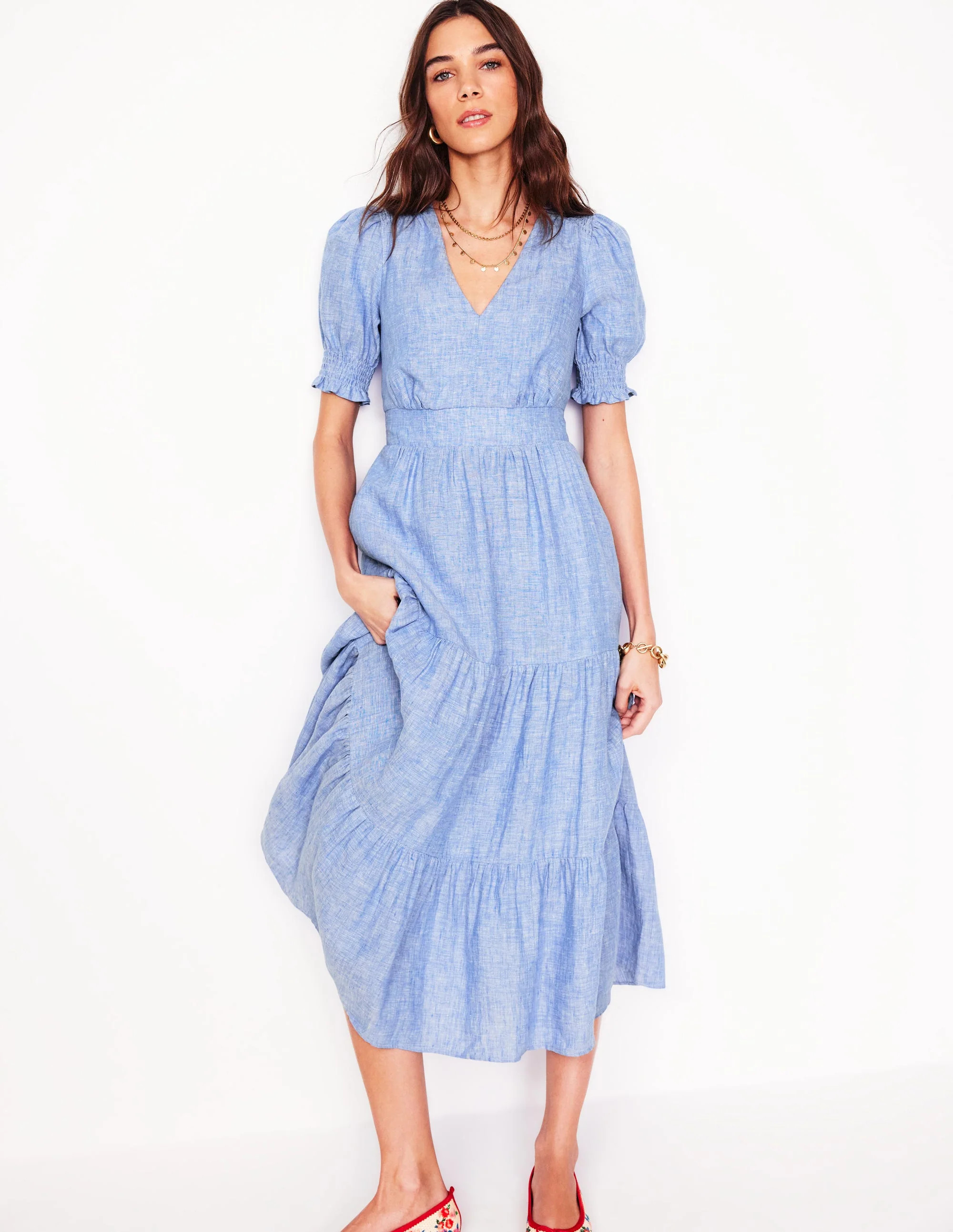 Anna Linen Tiered Midi Dress-Summer Blue Chambray | Boden (US)