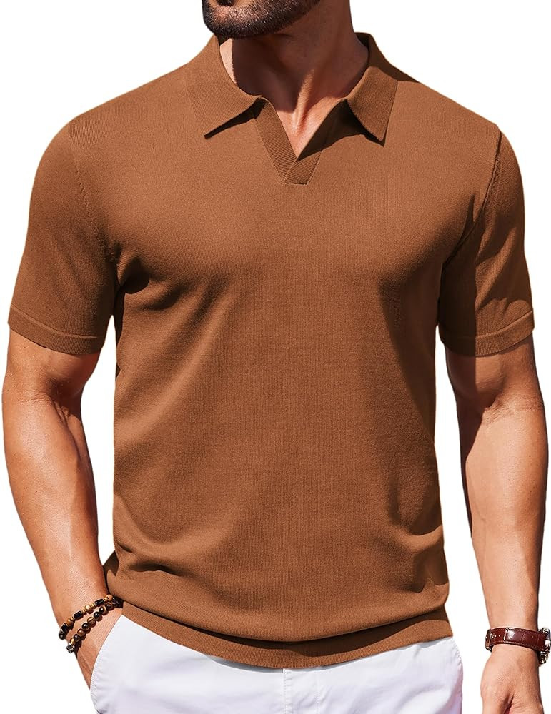 COOFANDY Mens Knit Polo Shirts V Neck Short Sleeve Stretch Polo T Shirt Casual Golf Shirts | Amazon (US)