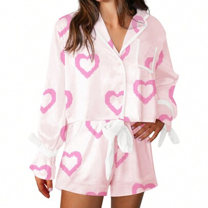 Women Valentine 2 Piece Pajamas Set Bow Tie Heart Print Button Long Sleeve Shirts Ruffle Shorts Cute Pjs Sets Sleepwear | SHEIN