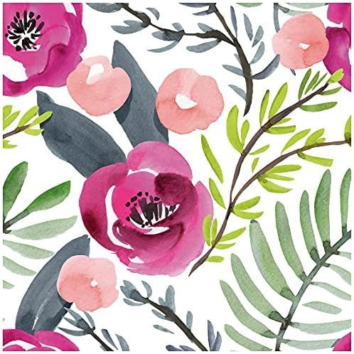 HaokHome 93122 Watercolor Rose Floral Peel and Stick Wallpaper Leaf Vintage White/Fushia/Green Remov | Amazon (US)