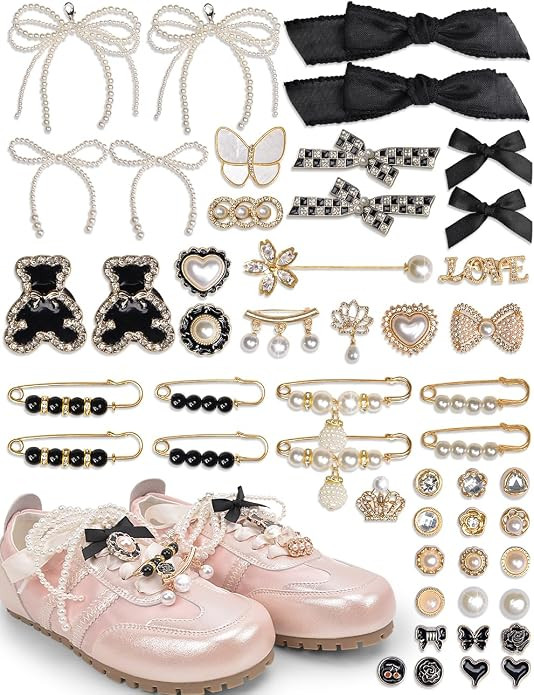 51 PCS Shoe Charm for Sneakers, Junk Socks Charms Kit, Shoelace Charms Contain Pearl, Clips, Blac... | Amazon (US)