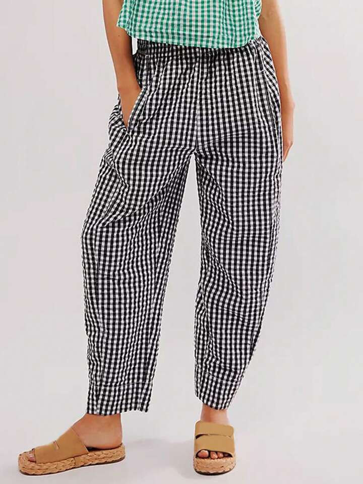 Women's Spring Summer Casual Elastic Waistband Baggy Pants Wide Leg Plaid Pants With 2 Pockets | SHEIN