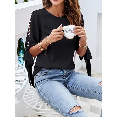 Women s Solid Pearl Beaded Split Sleeve Blouse 021112W64833 | Walmart (US)