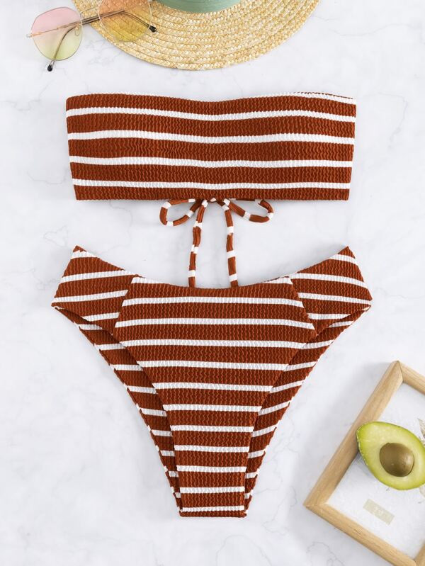 Women's Striped Bandeau Bikini With Textured Fabric | SHEIN