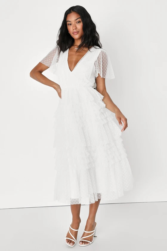 Fanciful Feelings White Swiss Dot Flutter Sleeve Midi Dress | Lulus (US)