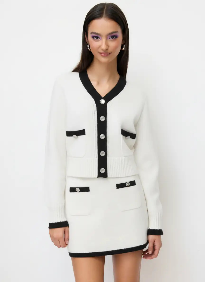 Strickstoff Strick-V-Ausschnitt-Top mit kontrastierendem Bund For Lässige Alltagskleidung Date | Cider