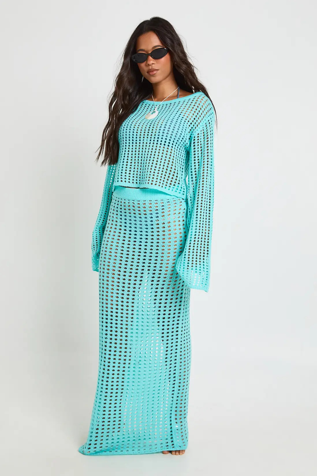 Aqua Beach Crochet Knit Maxi Skirt | Boohoo USA | boohoo (US & Canada)