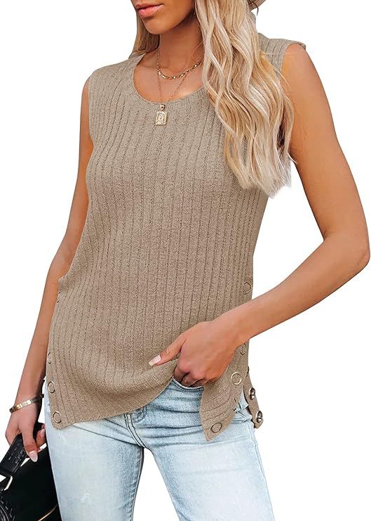 PiePieBuy Womens Knit Tank Tops Crew Neck Sleeveless Tunic Side Slit Button Cami Sweater Vest | Amazon (US)