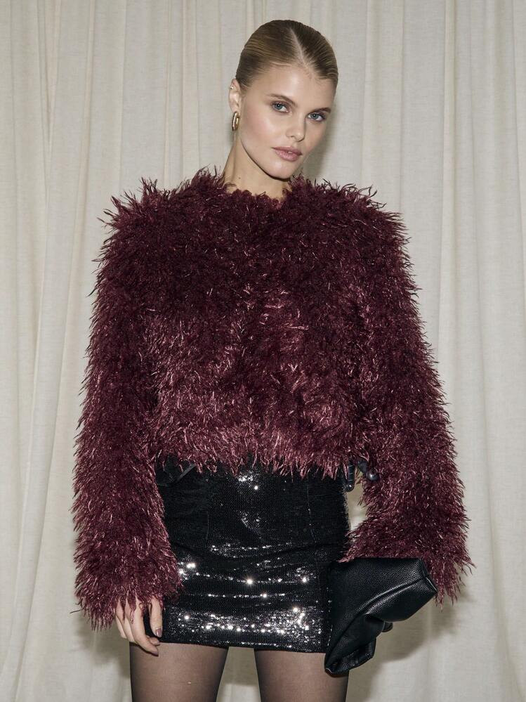 AiiRZ Collarless Fluffy Mongolian Crop Coat For Winter | SHEIN