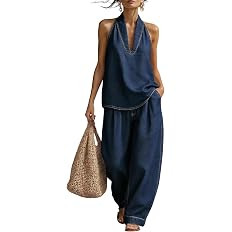 Women's 2 Piece Denim Outfits, Minimalist Halter Neck Top and High Waisted Wide Leg Pant Casual T... | Amazon (US)