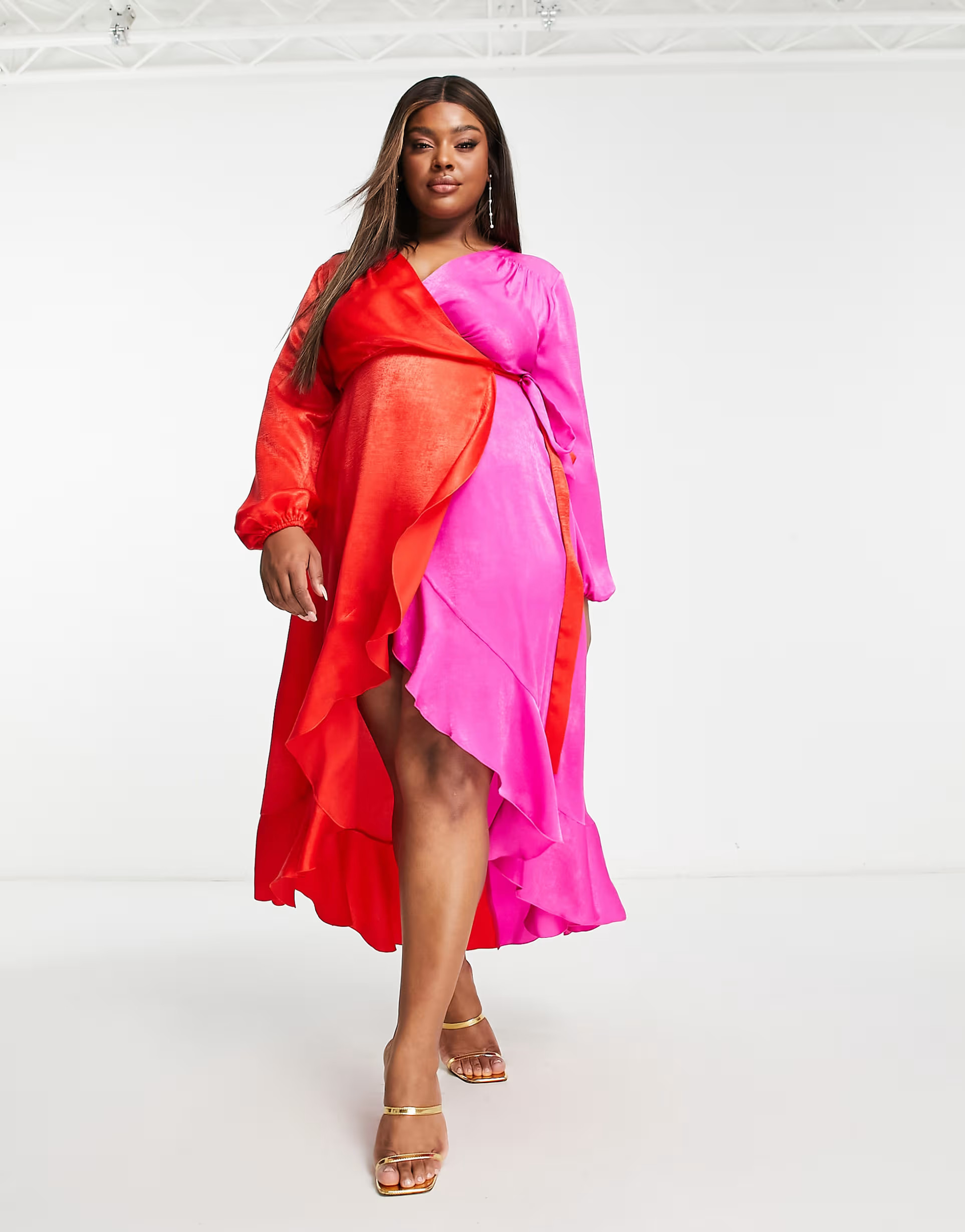 Flounce London Plus satin balloon sleeve ruffle midi dress in contrast pink and red | ASOS (Global)