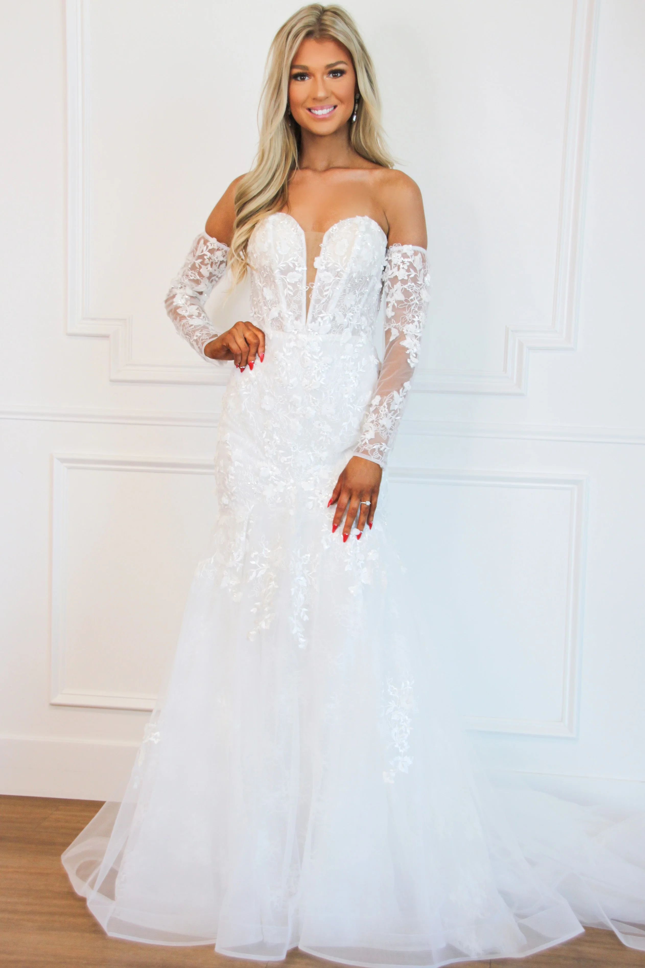 Magical Moments Floral Applique Off Shoulder Wedding Dress: White | Bella and Bloom Boutique