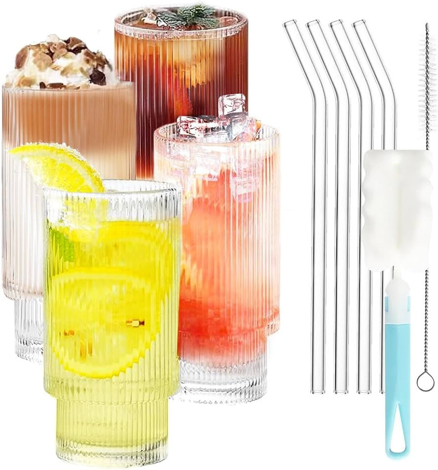 LVNASST Ribbed Drinking Glasses 4pcs with Straws,Elegant Vintage Glassware Highball Glasses Cups ... | Amazon (US)