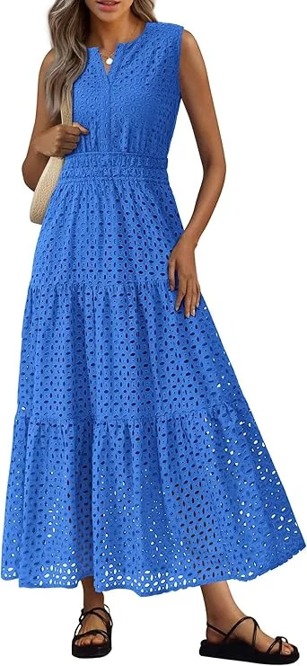 PRETTYGARDEN Summer Dresses for Women Sundresses Sleeveless V Neck Eyelet A Line Flowy Beach Vaca... | Walmart (US)