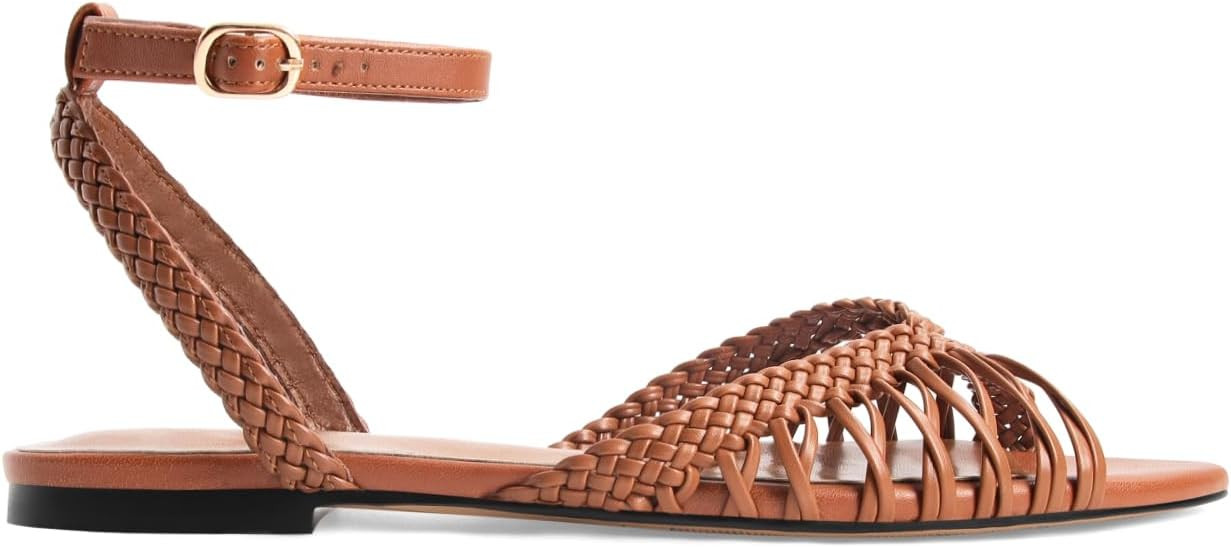 Leather Woven Flats Sandals for Women Strappy Flat Sandals Pointed Open Toe Braid Beach Sandal Co... | Amazon (US)