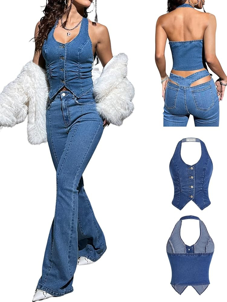 OYOANGLE Women's Vintage Denim Crop Tank Button Front Sleeveless Halter Jean Vest | Amazon (US)