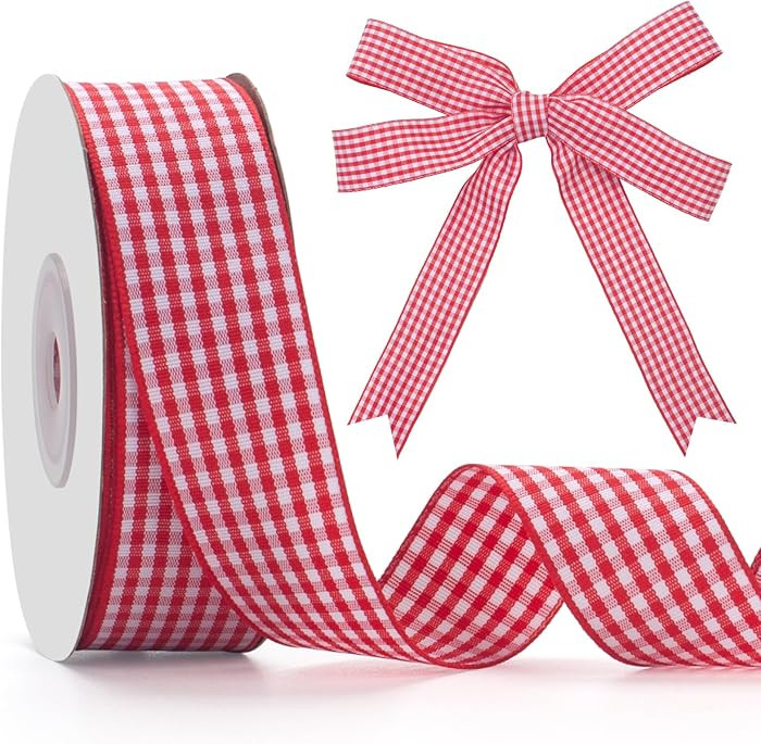 Red and White Gingham Ribbon，Taffeta Plaid Ribbon 1 Inch x 25 Yards, Red Checkered Ribbons for ... | Amazon (US)