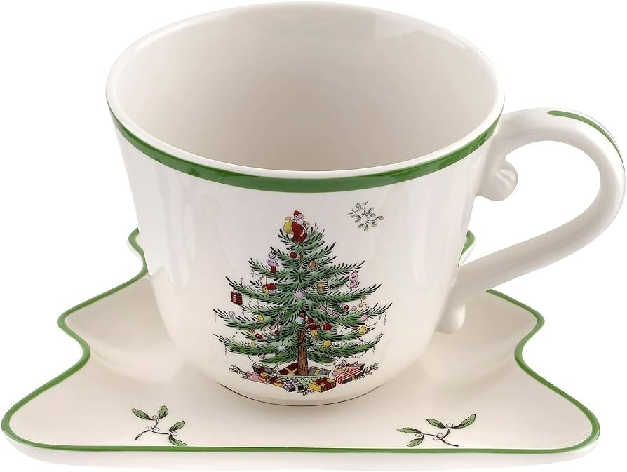 Spode Christmas Tree Jumbo Cup with Tree-Shaped Saucer - 18 Ounce Earthenware Mug for Coffee, Tea... | Amazon (US)