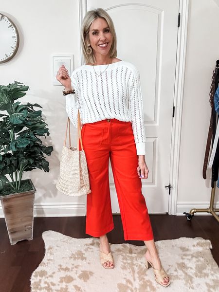 Red pants for summer from LOFT. Fits true to size. Comes in navy too! White boatneck sweater. Love the crochet style! Amazon and Target accessories. Perfect for brunch or lunch!

Over 40, style tips, red pants, over 59, summer outfit, spring outfit, patriot outfit 

#LTKOver40 #LTKStyleTip #LTKSaleAlert