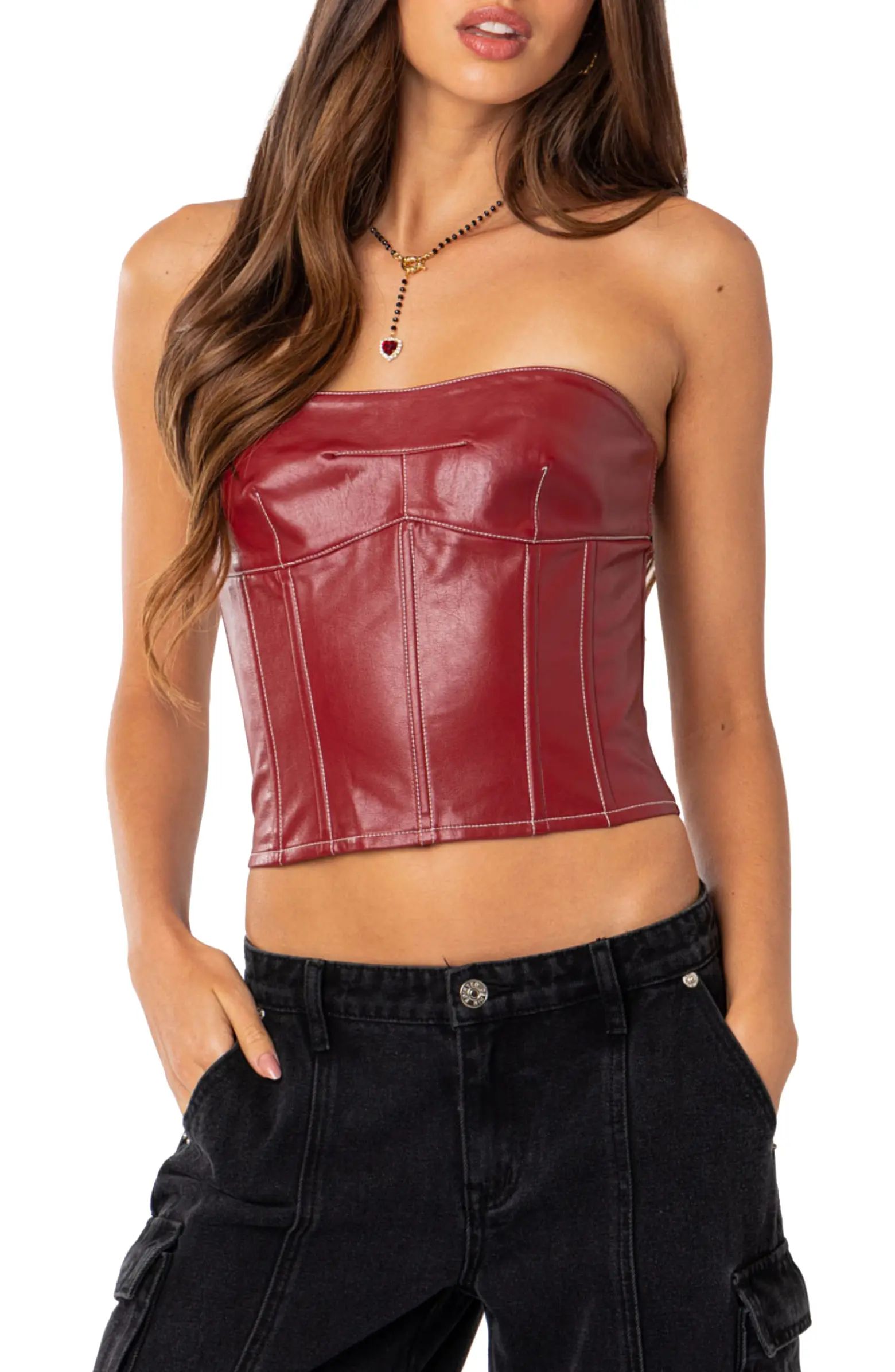 Moss Lace-Up Strapless Faux Leather Corset Top | Nordstrom