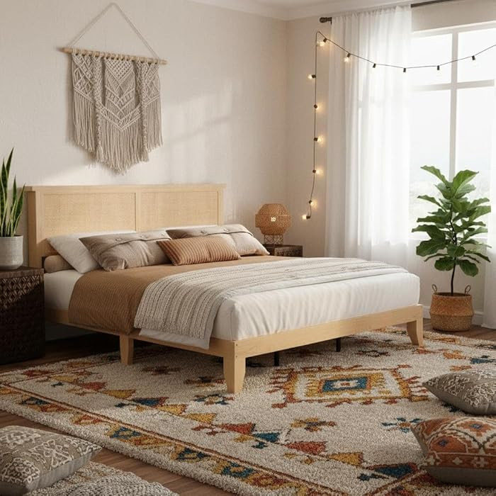 Garvee Marco de cama de rat\u00e1n de tama\u00f1o matrimonial, marco de cama de rat\u00e1n bohemi... | Amazon (US)
