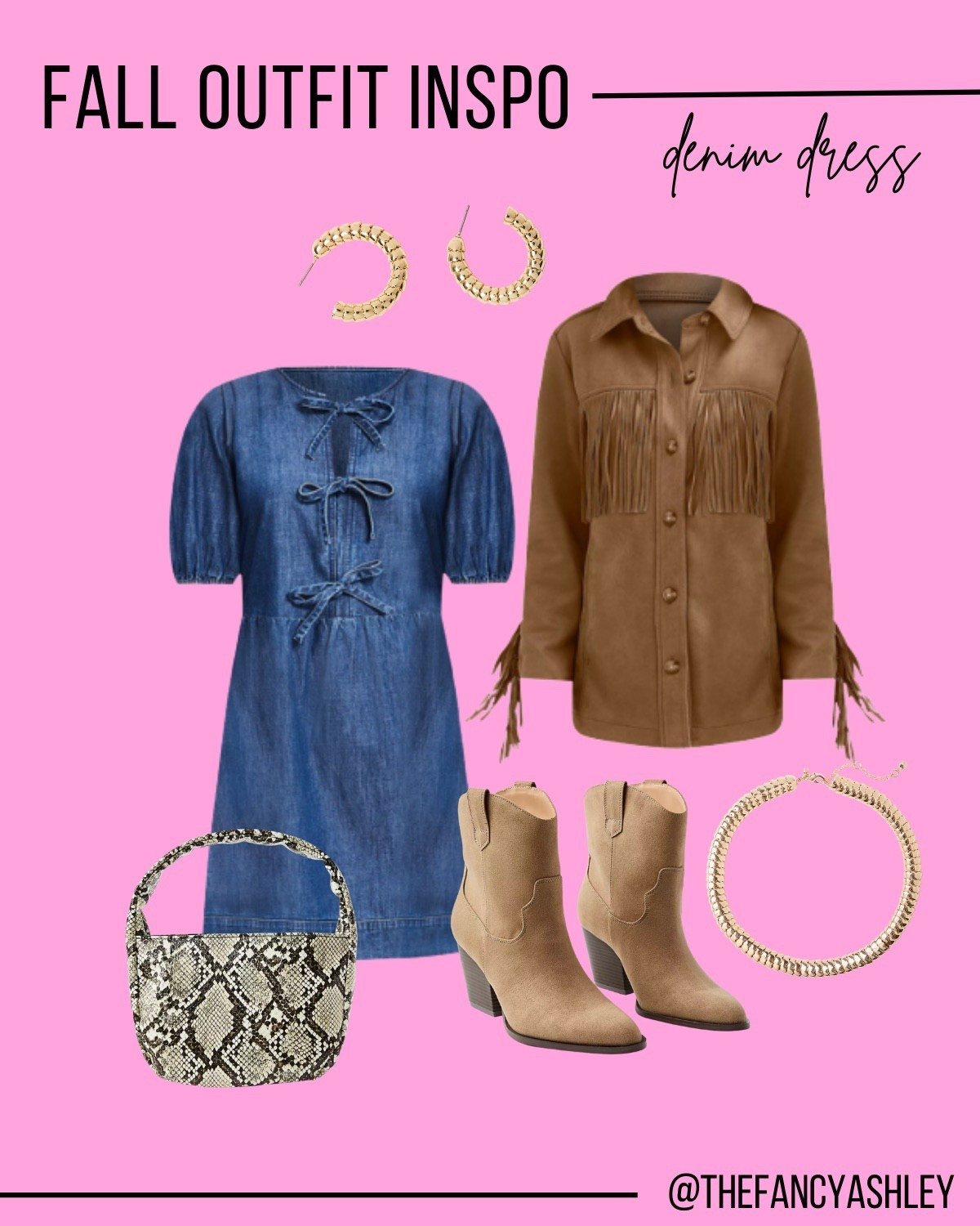 Love this cute denim dress - perfect fall look! Great for gameday or add a fringe suede layer for western wear perfection. Pair with cute booties or knee-high boots and I'm obsessed with this snake skin-inspired bag! So versatile and perfect for fall styling.

#LTKFindsUnder100 #LTKSeasonal #LTKStyleTip