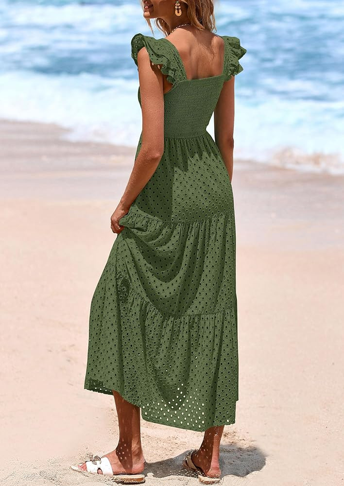 PRETTYGARDEN Womens Summer Square Neck Maxi Dresses Cap Sleeve Eyelet Smocked Tiered A Line Flowy... | Amazon (US)