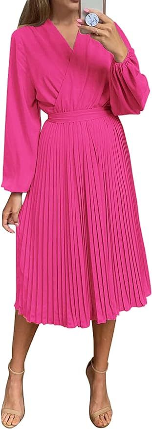 PRETTYGARDEN Women's Spring Midi Dress Long Puff Sleeve Wrap V Neck Flowy Ruffle Pleated Casual F... | Amazon (US)