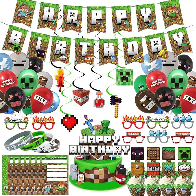 Pixel Style Gamer Birthday Party Supplies for Game Fans, 106 Pcs Miner Theme Birthday Party Decor... | Amazon (US)