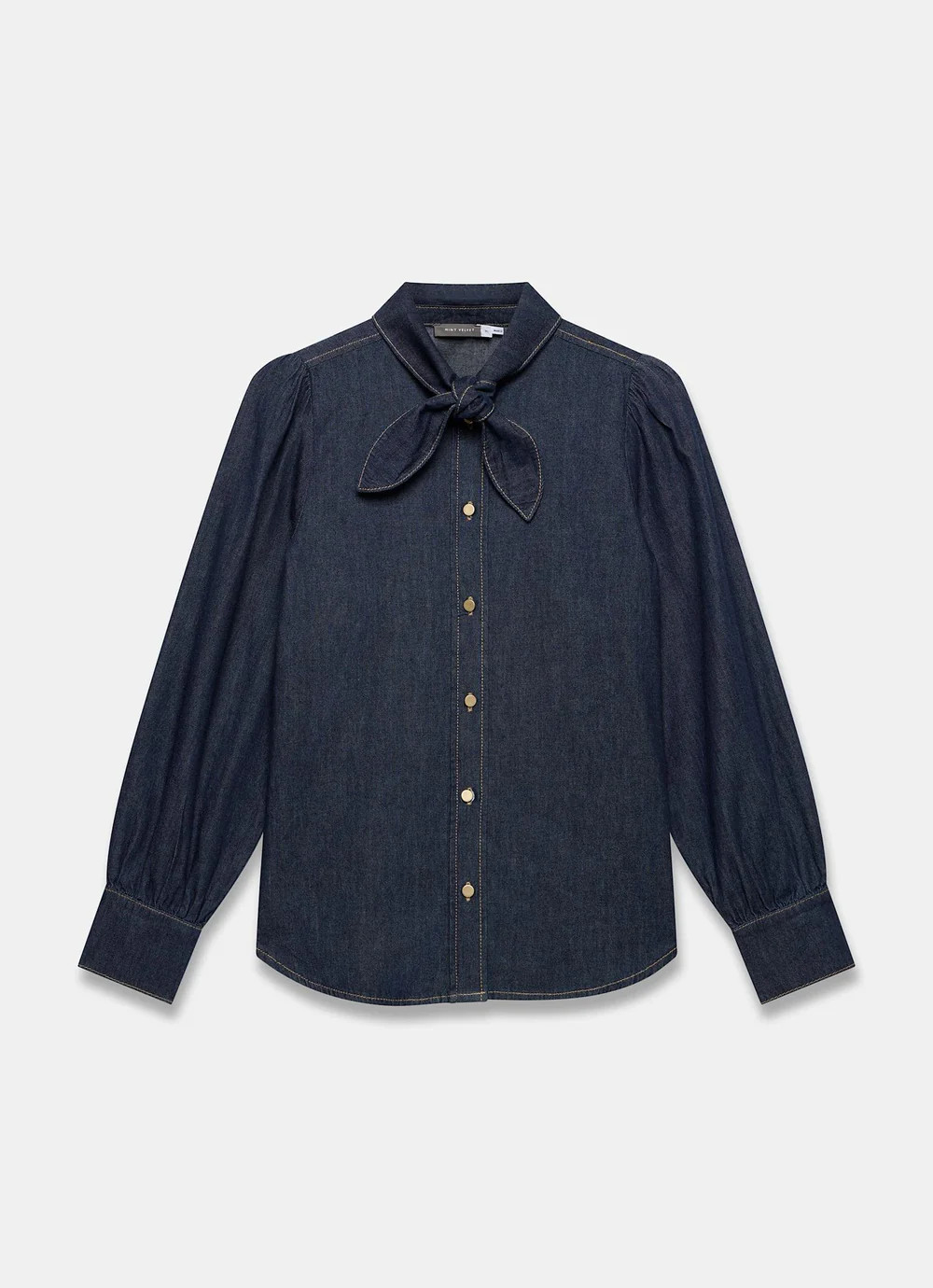 Dark Indigo Tie Neck Denim Shirt | Mint Velvet