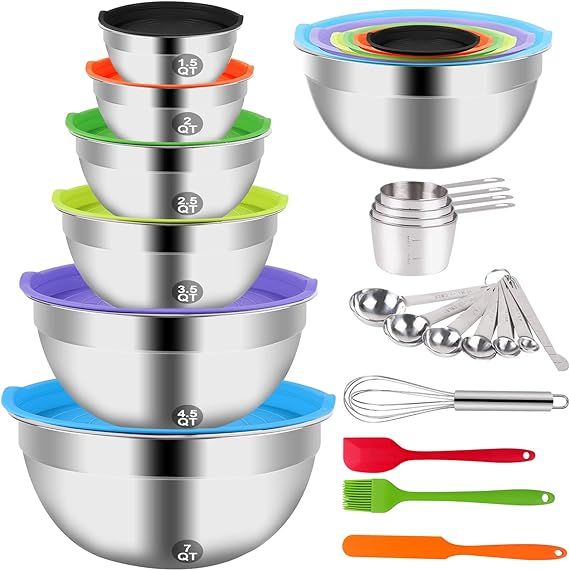 Mixing Bowls with Lid Set, 23PCS Kitchen Utensils Metal Bowl Stainless Steel Nesting Bowls, Measu... | Amazon (US)