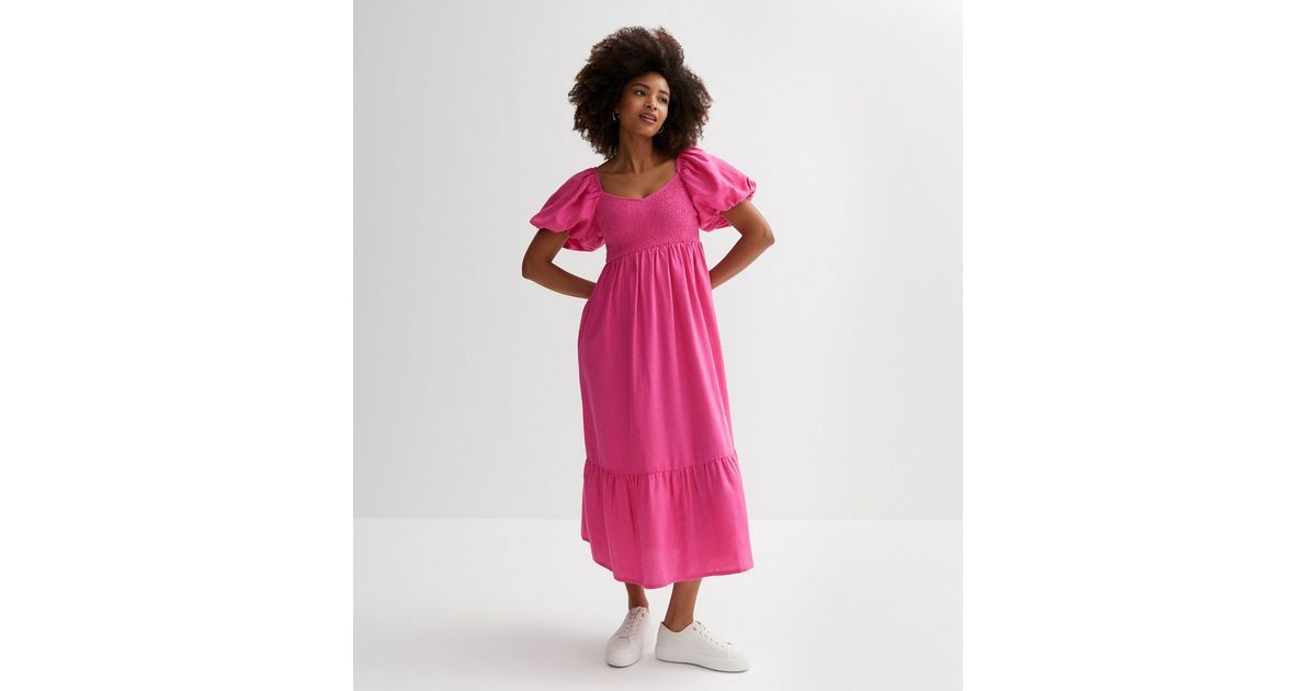 Bright Pink Shirred Sweetheart Puff Sleeve Midi Dress
						
						Add to Saved Items
						Remov... | New Look (UK)