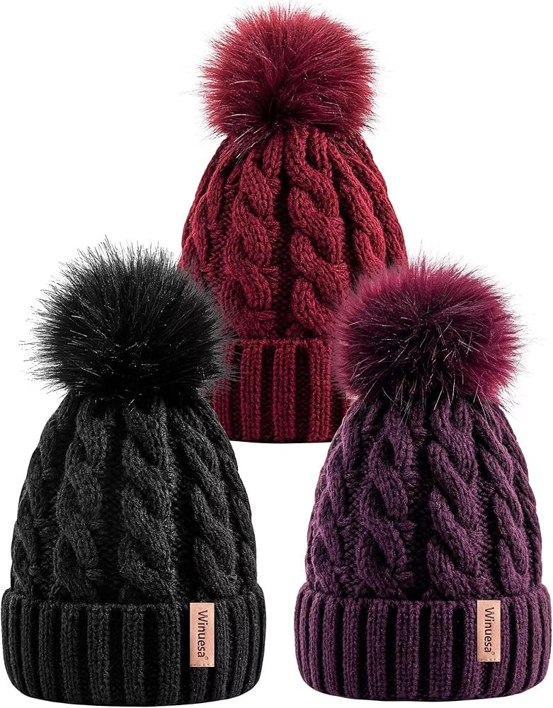 3 PCS Womens Beanie with Pom Pom, Knit Beanie Hats for Women Winter and Fall, Fashionable Warm Wi... | Amazon (US)