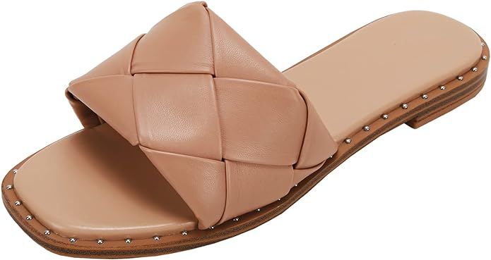 Women's Square Open Toe Woven Leather Single Band Comfort Slides Slid on Flat Sandals | Amazon (US)
