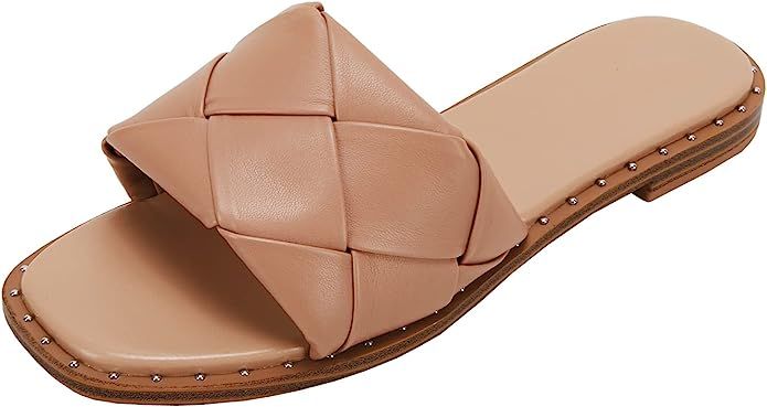 Women's Square Open Toe Woven Leather Single Band Comfort Slides Slid on Flat Sandals | Amazon (US)
