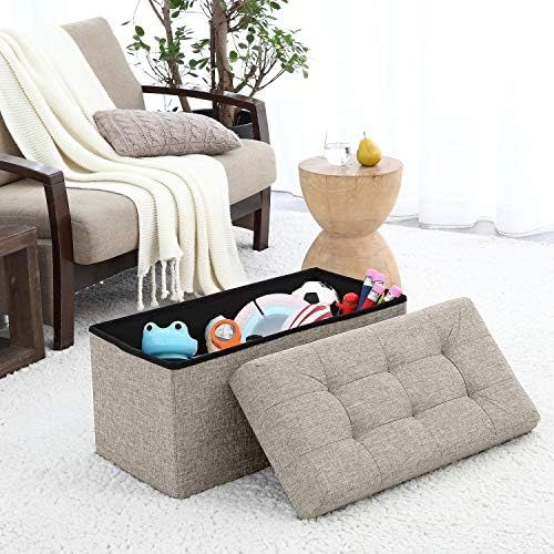 Ornavo Home Foldable Tufted Linen Large Storage Ottoman Bench Foot Rest Stool/Seat - 15" x 30" x 15" | Amazon (US)