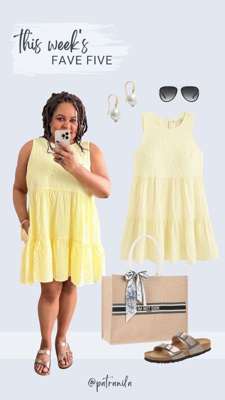 Yellow seersucker dress. White seersucker dress. I'm not Dior tote. Birkenstocks, pearl earrings, aviators #ltkunder100 #ltkunder50 #PatranilaPick 

#LTKstyletip #LTKcurves #LTKSeasonal