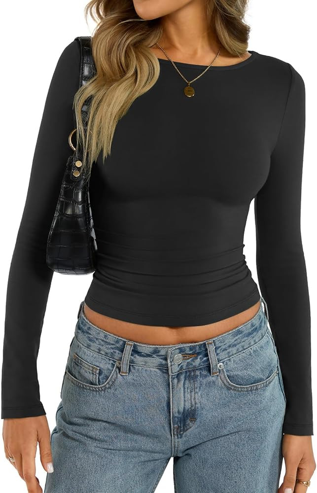 Womens Cotton Boat Neck Long Sleeve Shirts Basic Going Out Stretchy Slim Fit Y2k Crop Tops | Amazon (US)