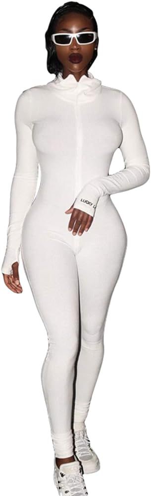 MEALIYA Women Embroidery Zipper High Neck Bodycon Jumpsuit Outfit Long Sleeve Rompers | Amazon (US)