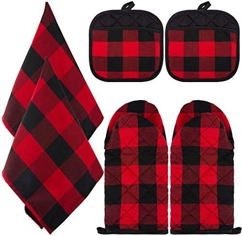 Christmas Buffalo Plaid Oven Mitts Pot Holder Set- 2pcs Heat Withstand BBQ Gloves with Non Slip S... | Amazon (US)