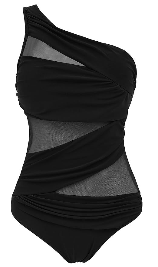 Runtlly One-Shoulder One Piece Swimsuit, Women's Plus Size Swimwear Bathing Suit with See Through... | Amazon (US)