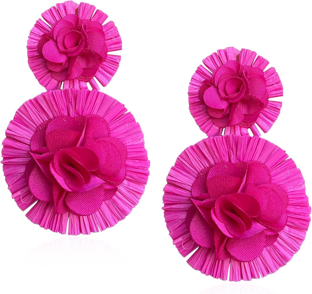 Raffia Flower Earrings Raffia Straw Wrapped Hot Pink Flower Drop Dangle Earrings Summer Tropical ... | Amazon (US)