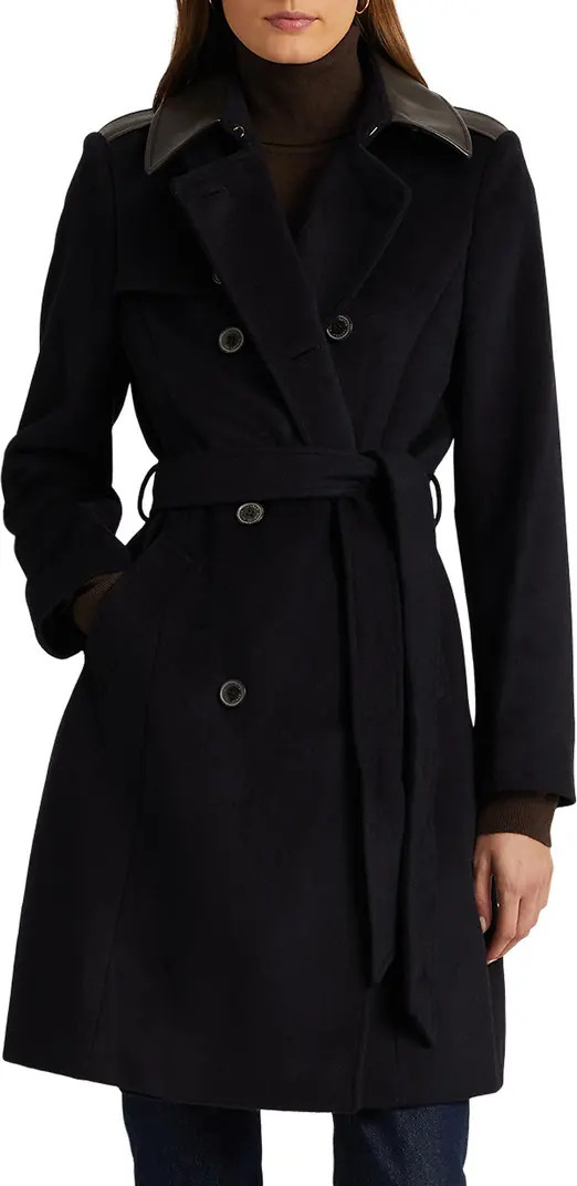 Tie Waist Faux Leather Trim Wool Blend Coat | Nordstrom