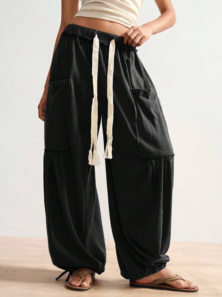 Bohemela Boho Solid Color Knit Loose Casual Pants For Women, Suitable For Independence Day & Vacation Drawstring Pants Oversized Pants Loose Pants | SHEIN