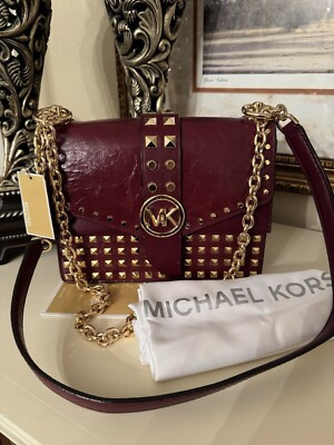 NEW! NWT MICHAEL KORS Greenwich Studded Saffiano Leather Shoulder Bag Burgundy | eBay US