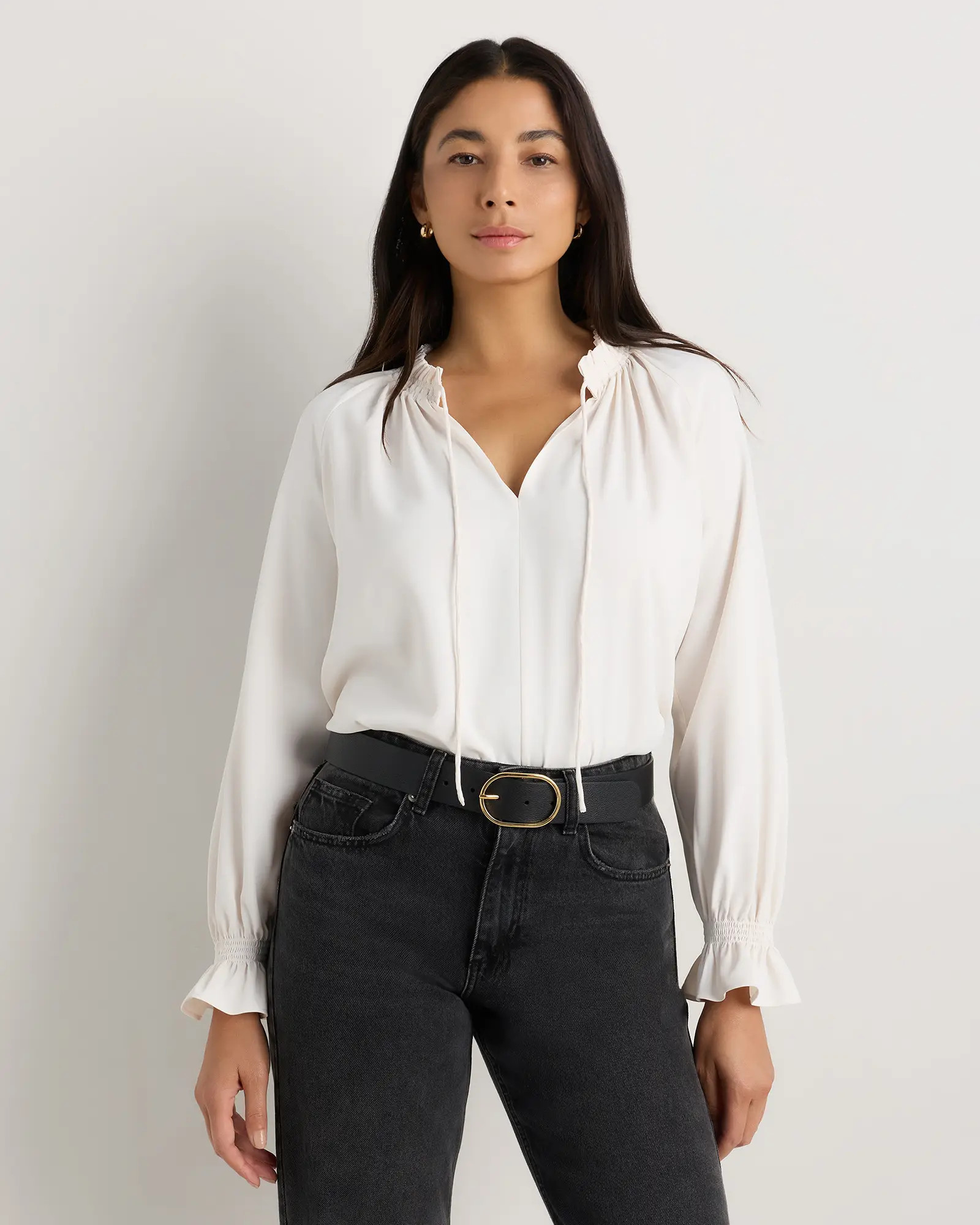 Drapey Chiffon Split Neck Long Sleeve Blouse | Quince