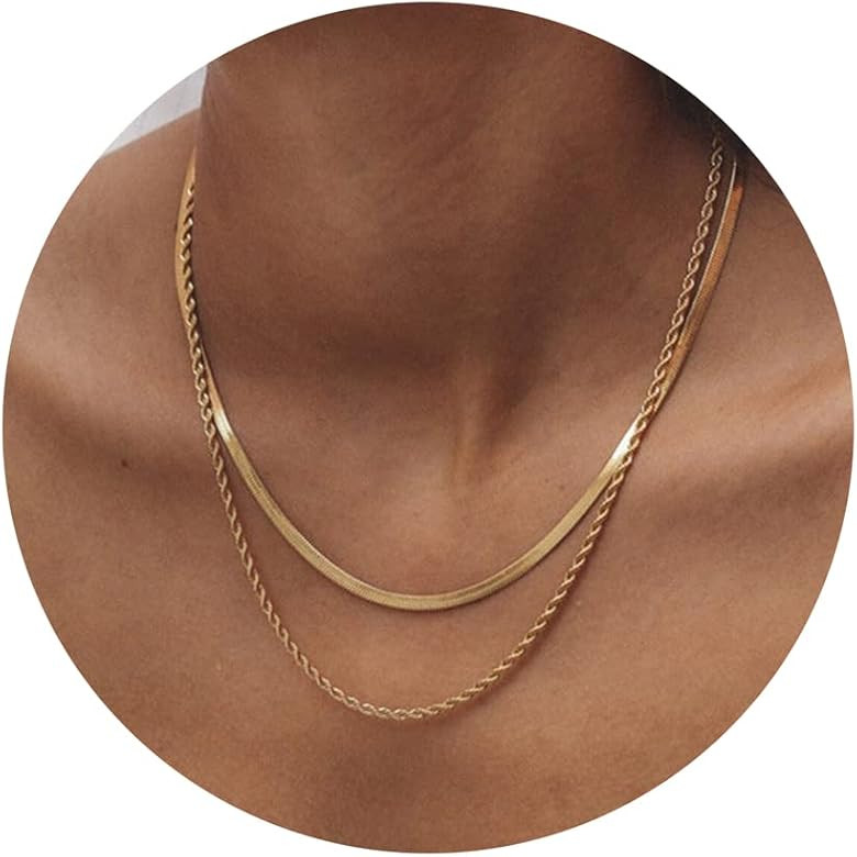 Tewiky Herringbone Necklace for Women Dainty 14k Gold Snake Chain Necklace Layered Gold Herringbone  | Amazon (US)