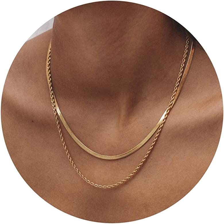 Tewiky Herringbone Necklace for Women Dainty 14k Gold Snake Chain Necklace Layered Gold Herringbone  | Amazon (US)