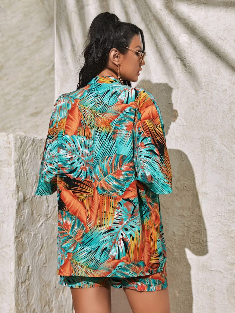 Tropical Print Cami Top & Blouse & Knot Slant Pocket Shorts | SHEIN