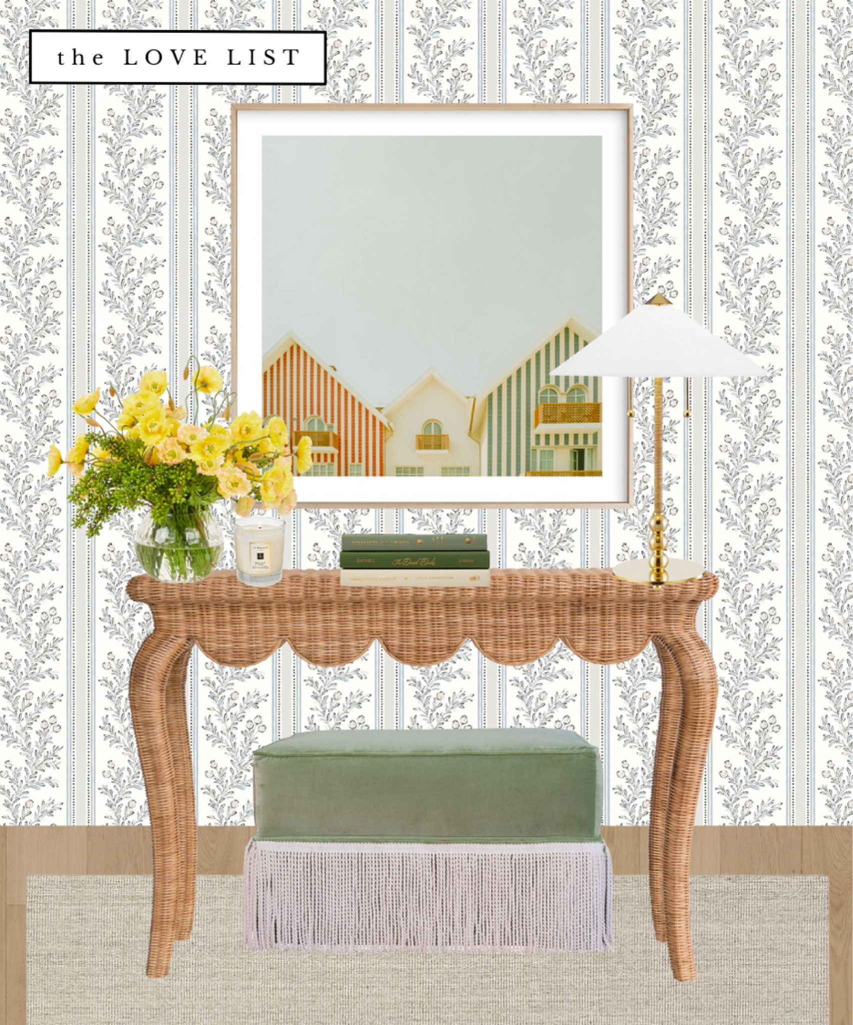 Summer entryway scallop console // rattan console, vintage stripe wallpaper, summer arts faux floral arrangement, styling books, fringed ottoman, white oak flooring, sisal rug

#LTKSeasonal #LTKhome